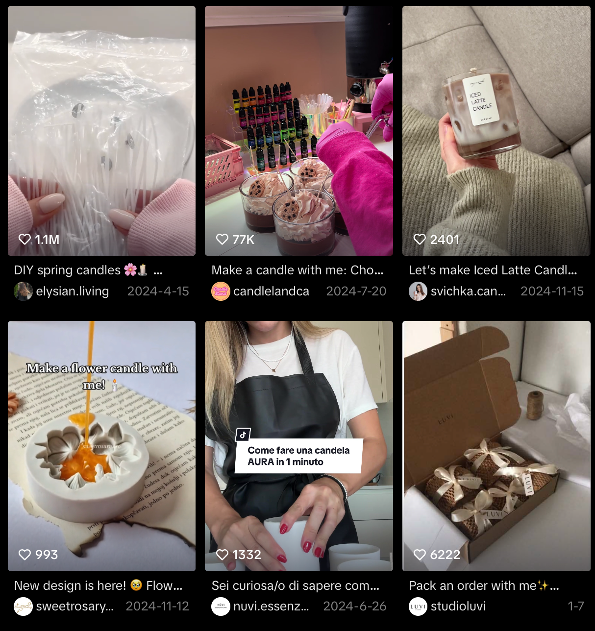Captura de pantalla con seis videos de velas DIY en una cuadrícula.
