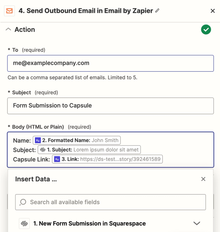 Screenshot showing how to setup the outbound email steps to send an email once a Capsule contact has been created