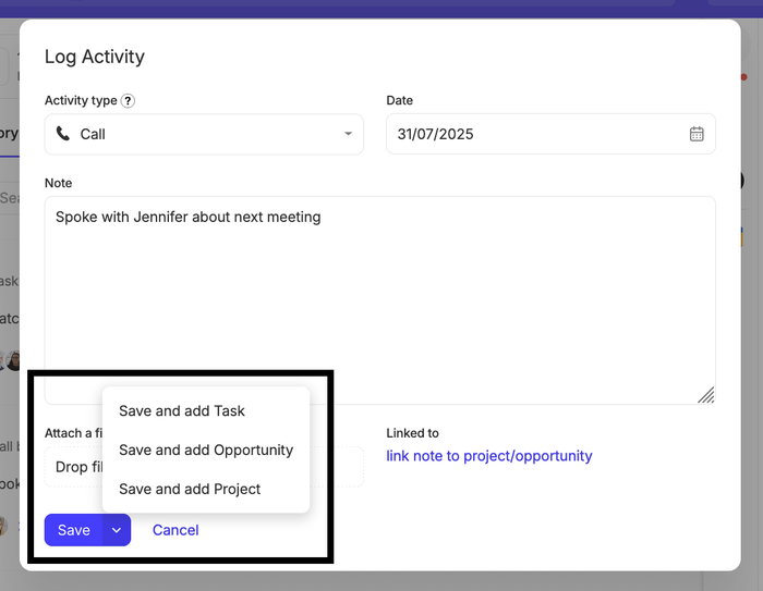 quick actions to save activity and add task, opportunity or project