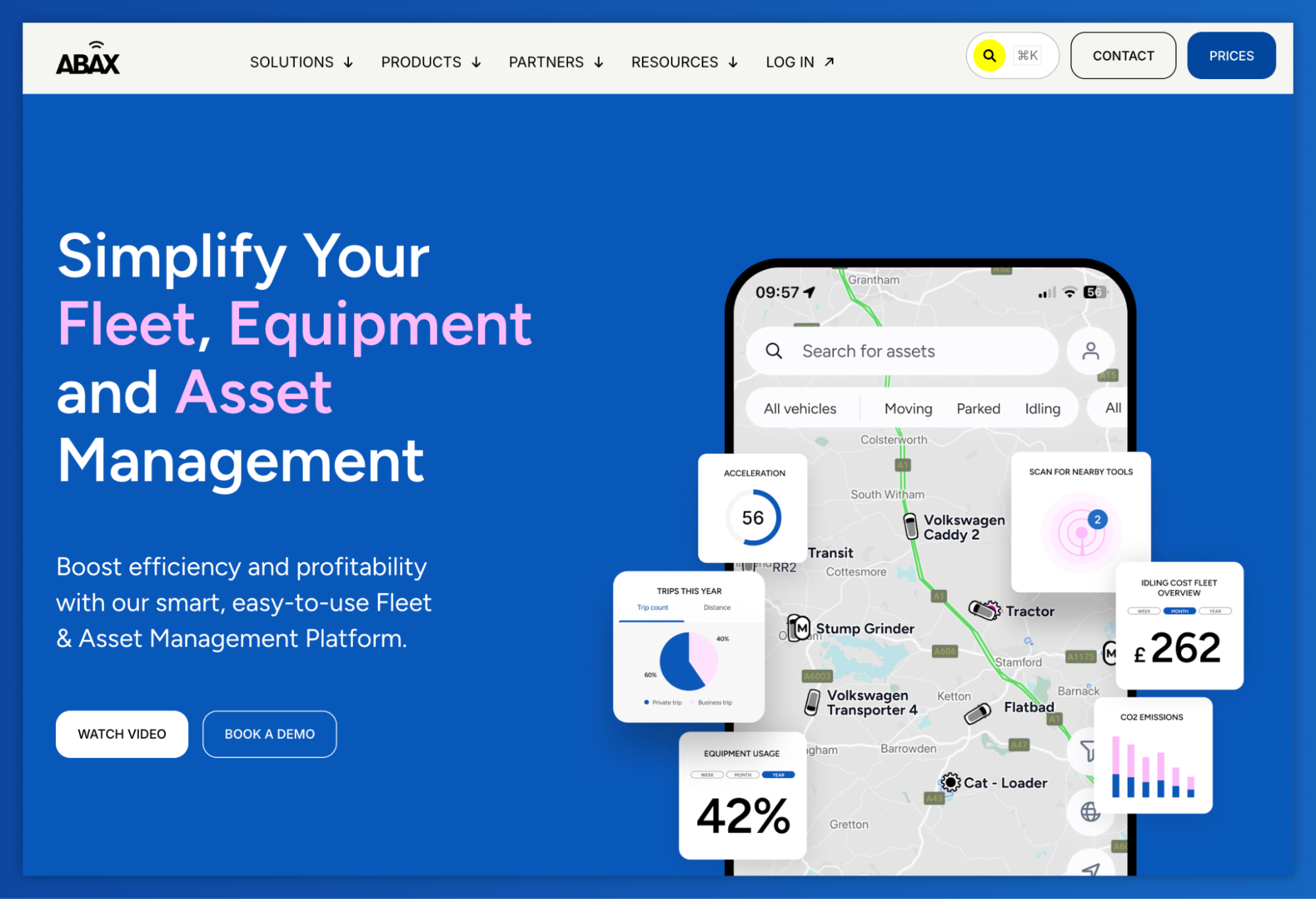 Abax website displaying a smartphone app with a map tracking vehicles and equipment, surrounded by data widgets for fleet and asset management.