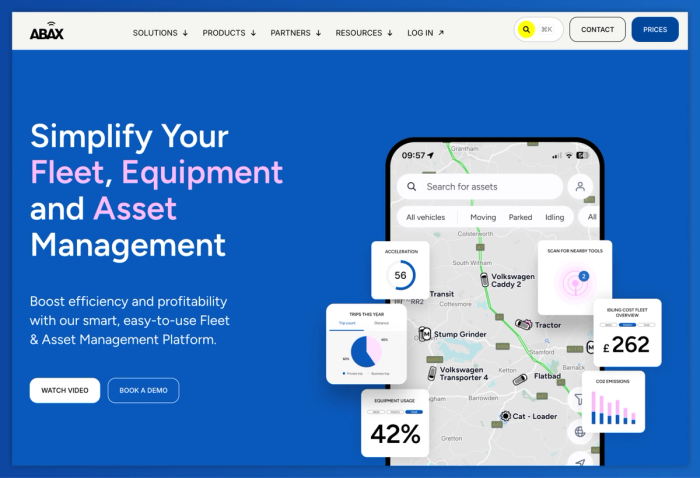 Abax website displaying a smartphone app with a map tracking vehicles and equipment, surrounded by data widgets for fleet and asset management.