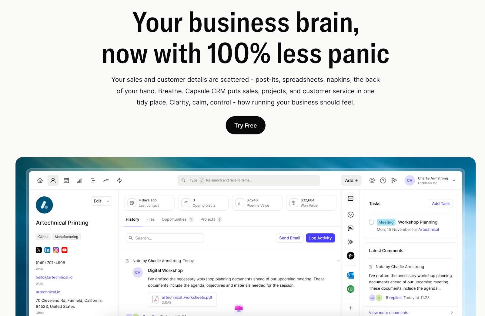 A webpage promoting Capsule CRM with the headline "Your business brain, now with 100% less panic" above a detailed screenshot of its user interface showing contact management, tasks, and activity.
