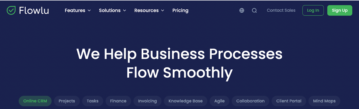 Flowlu homepage with business process management headline.
