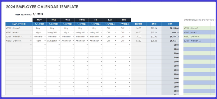 Employee shift scheduler Google Sheets template