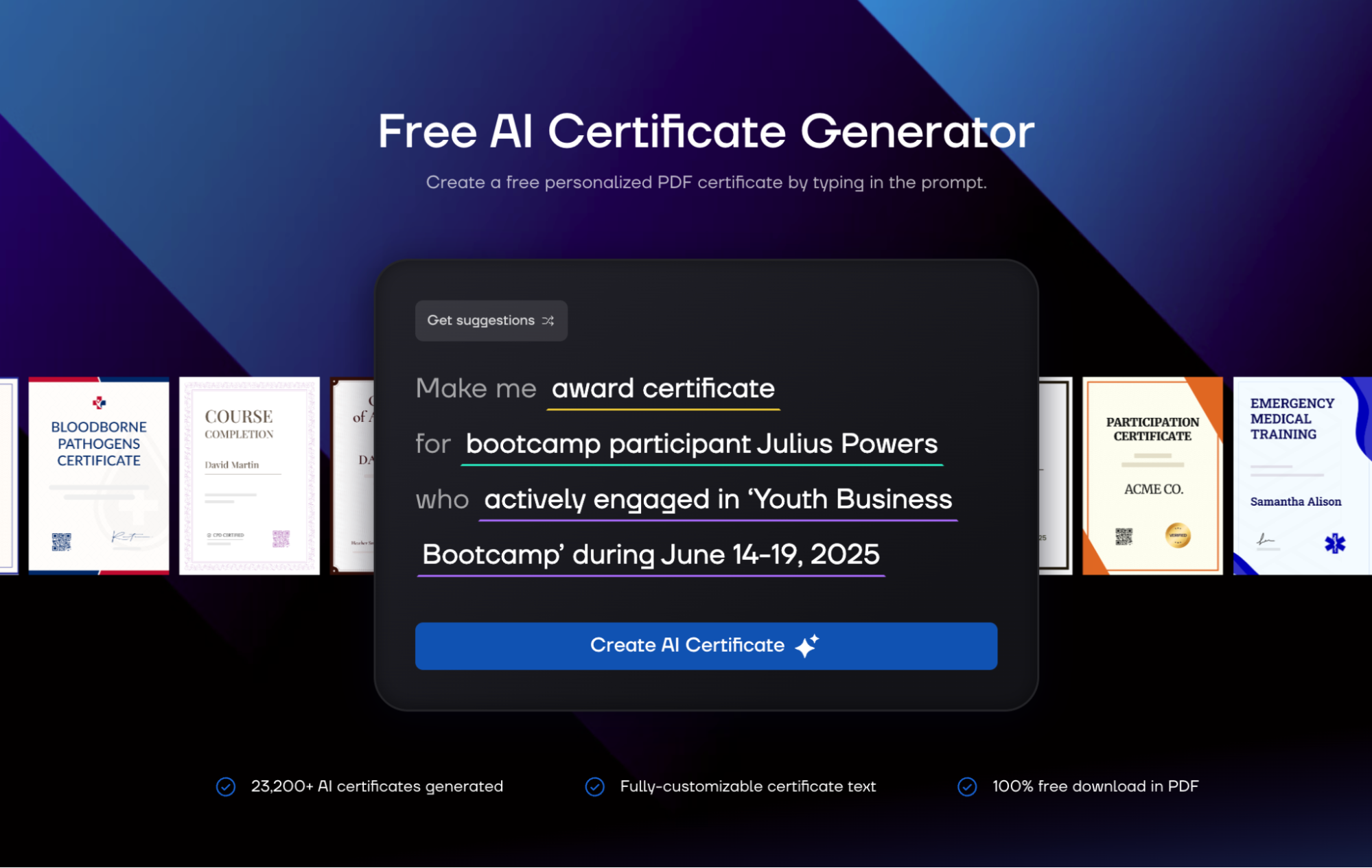 una captura de pantalla del generador gratuito de certificados al