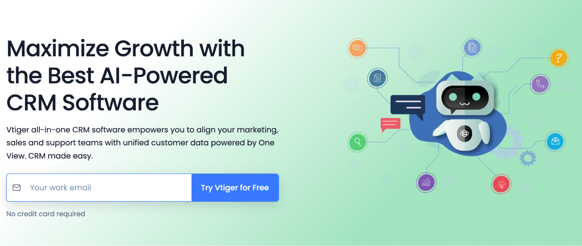 Vtiger AI-powered CRM software ad with a friendly chatbot illustration and the headline "Maximize Growth."