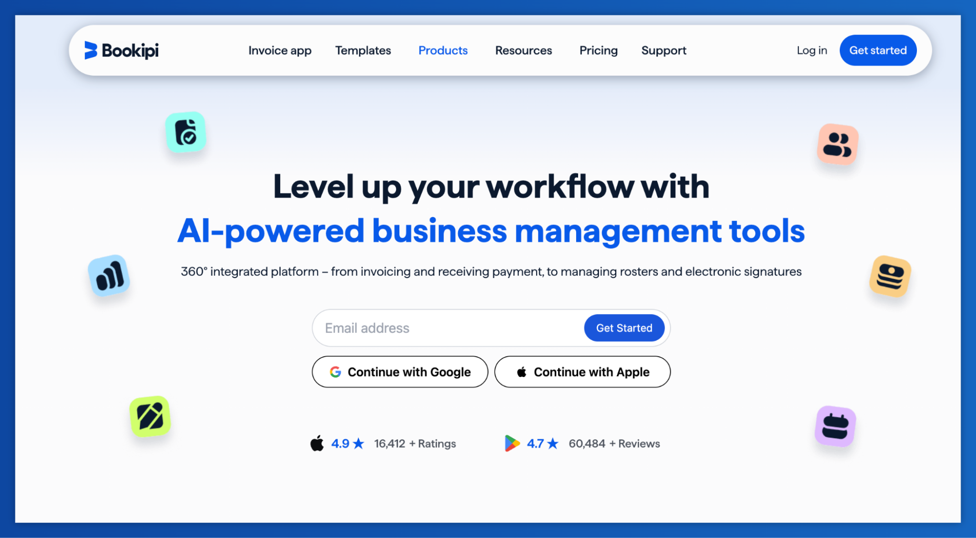 Bookipi website homepage promoting AI-powered business management tools.