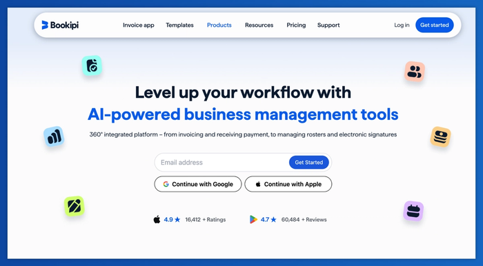 Bookipi website homepage promoting AI-powered business management tools.