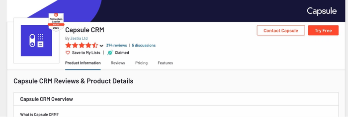 Capsule CRM reviews and product details on G2.