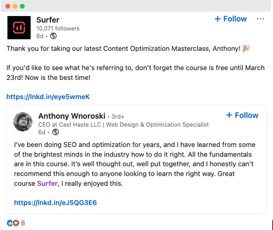 a screenshot of a facebook post that says " thank you for taking our latest content optimization masterclass "