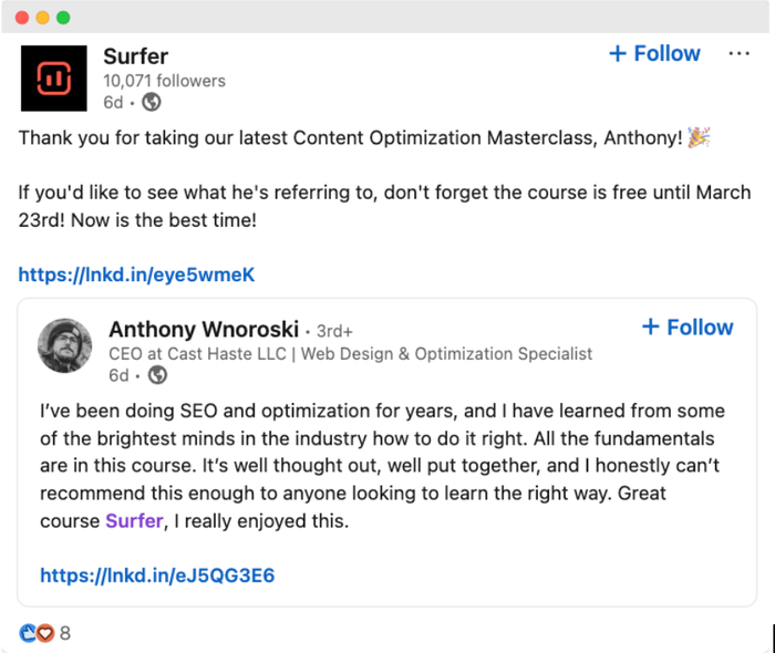 a screenshot of a facebook post that says " thank you for taking our latest content optimization masterclass "
