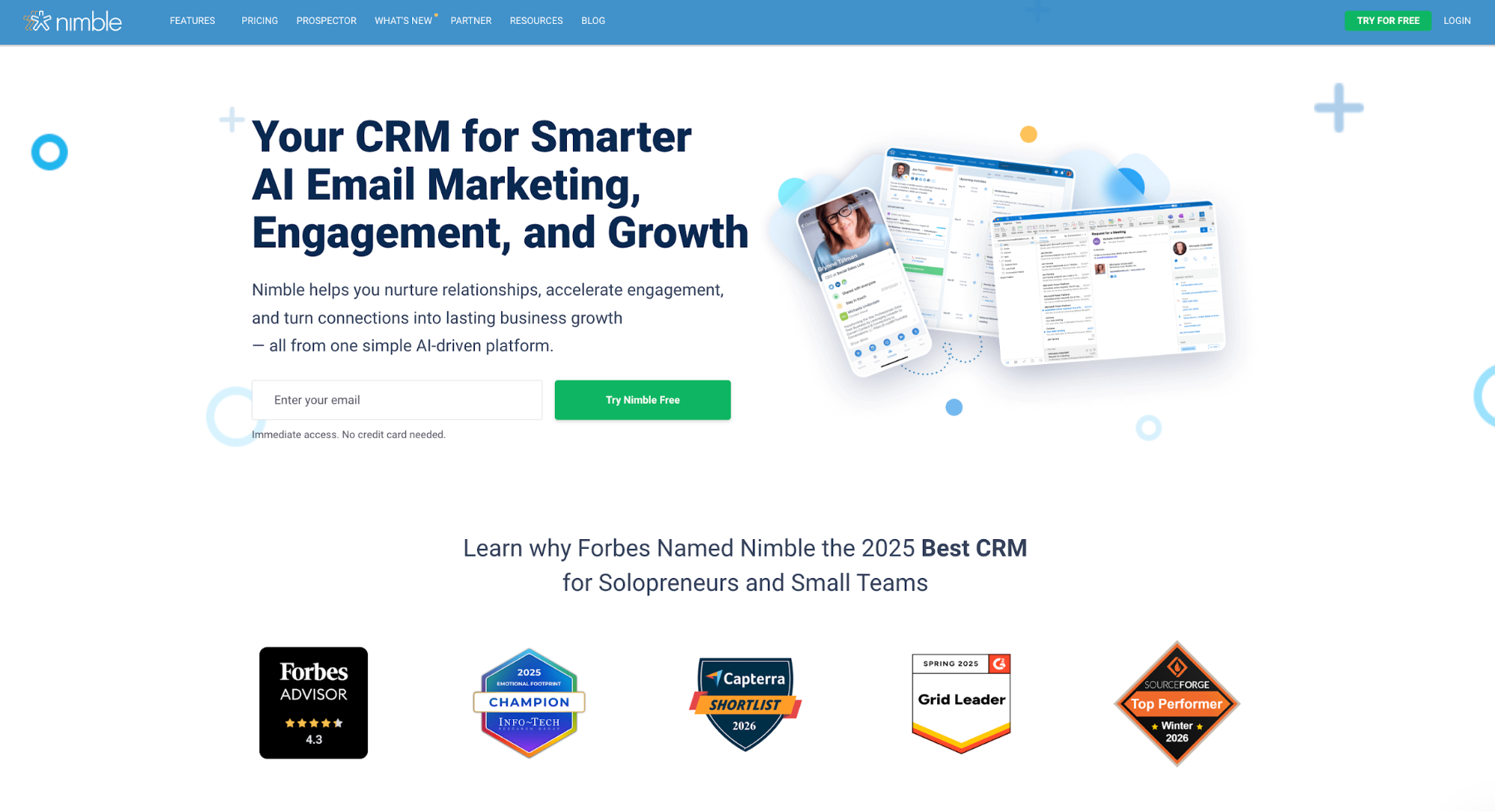 Nimble CRM website homepage promoting AI email marketing, showing product interface and industry awards.
