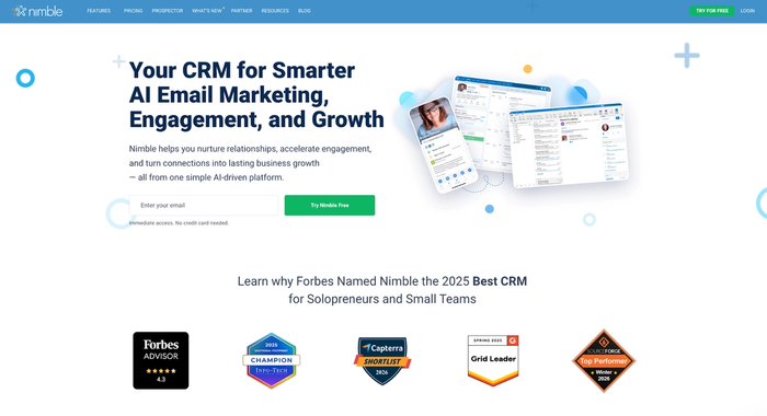 Nimble CRM website homepage promoting AI email marketing, showing product interface and industry awards.