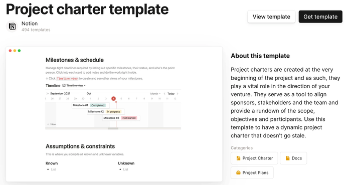 Screenshot of a Notion template for creating project charters, featuring a milestone timeline and a section for listing assumptions and constraints.