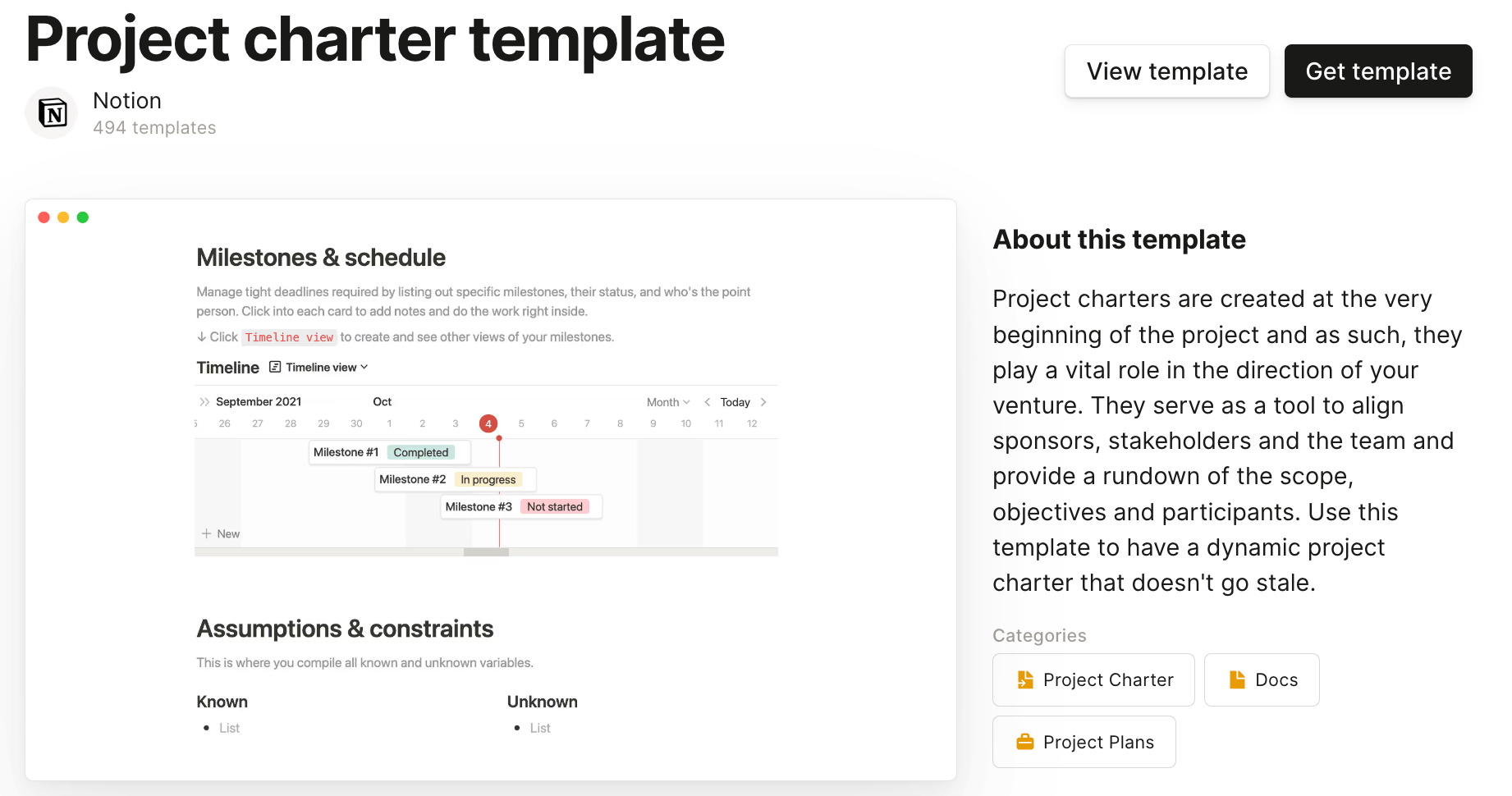 Screenshot of a Notion template for creating project charters, featuring a milestone timeline and a section for listing assumptions and constraints.