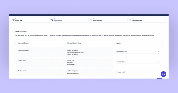 A screenshot of Capsule CRM asking you to map your spreadsheet columns to Capsule's existing fields
