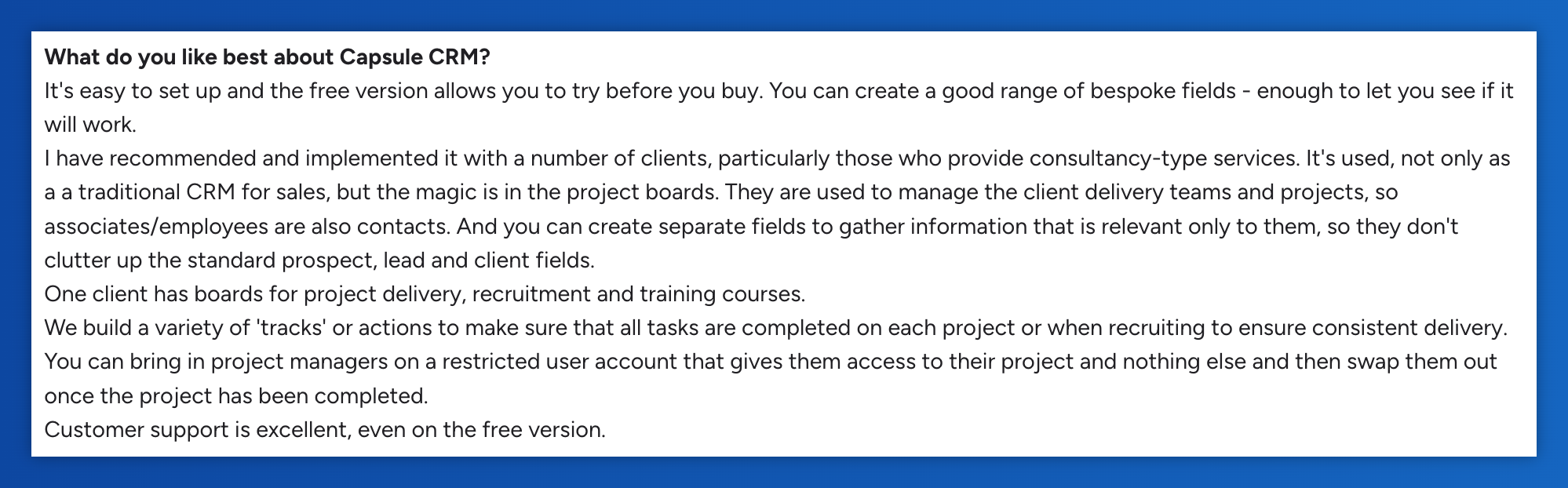 a blue and white page that says what do you like best about capsule crm