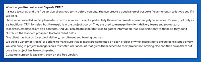 a blue and white page that says what do you like best about capsule crm