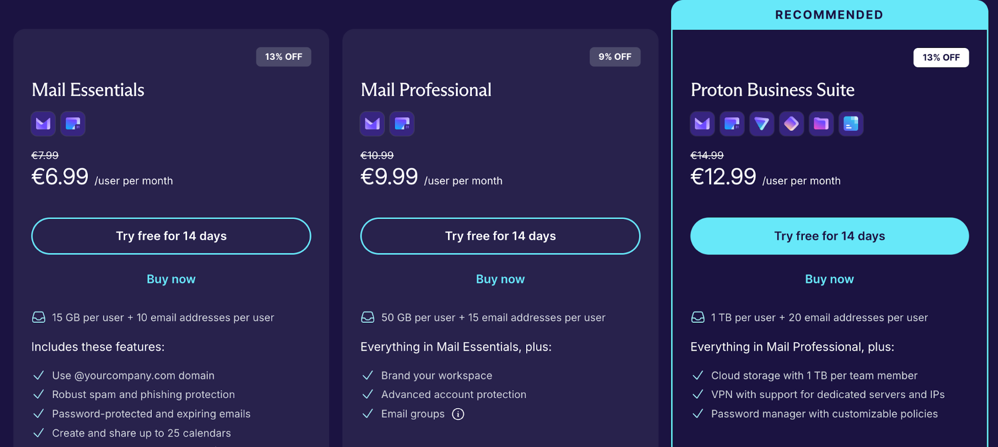 Proton pricing table for Mail Essentials (€6.99), Mail Professional (€9.99), and the recommended Proton Business Suite (€12.99) monthly plans.