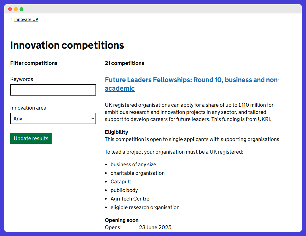 A computer screen shows a page about innovation competitions.