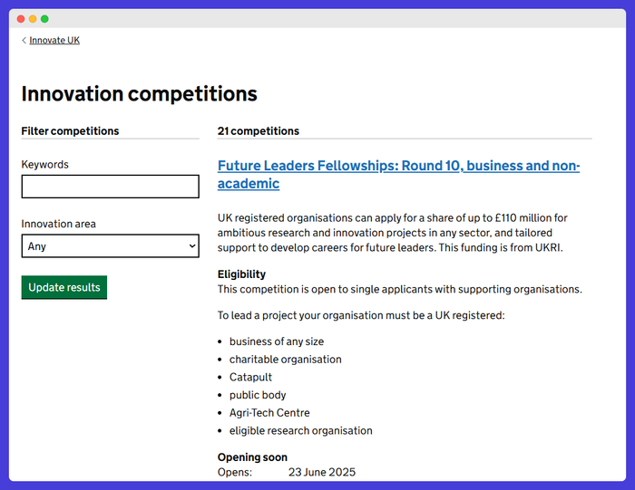 A computer screen shows a page about innovation competitions.