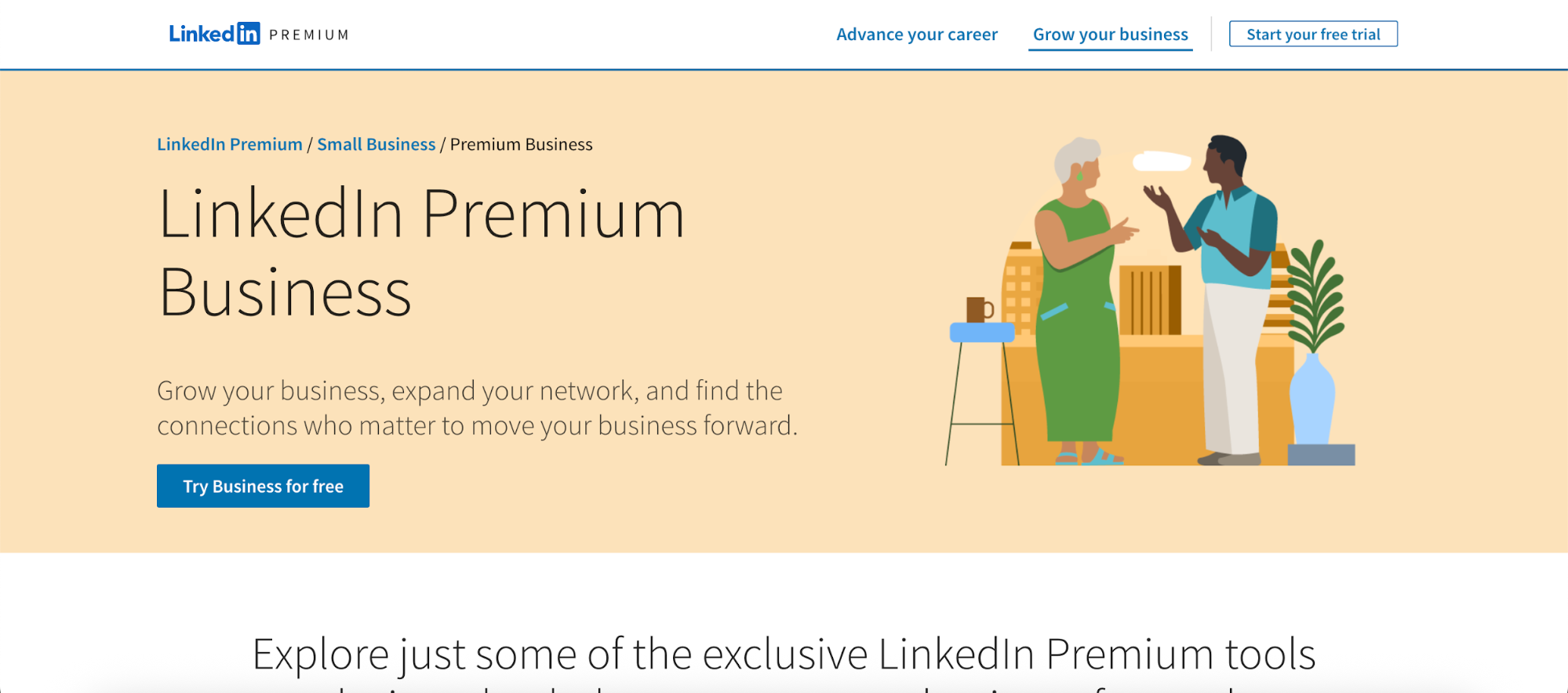 LinkedIn Premium Business page with free trial offer.