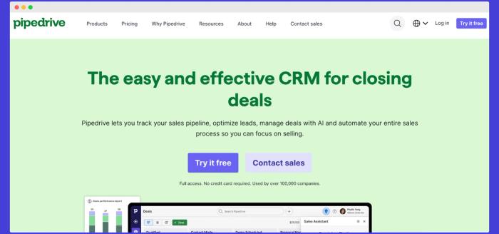 a screenshot of the homepage of pipedrive , an easy and effective crm for closing deals .
