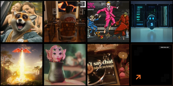 A grid of 8 diverse images including fantasy creatures, technology, music themes, and anthropomorphic characters.