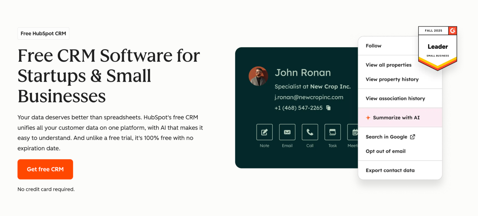 HubSpot CRM landing page with a contact card for John Ronan, an open menu highlighting "Summarize with AI," and a "Leader Small Business" badge.