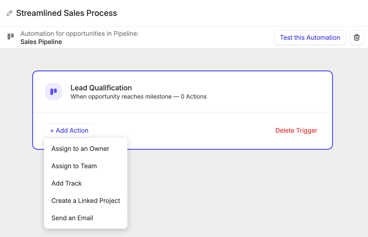 the actions available for a specific workflow automation trigger