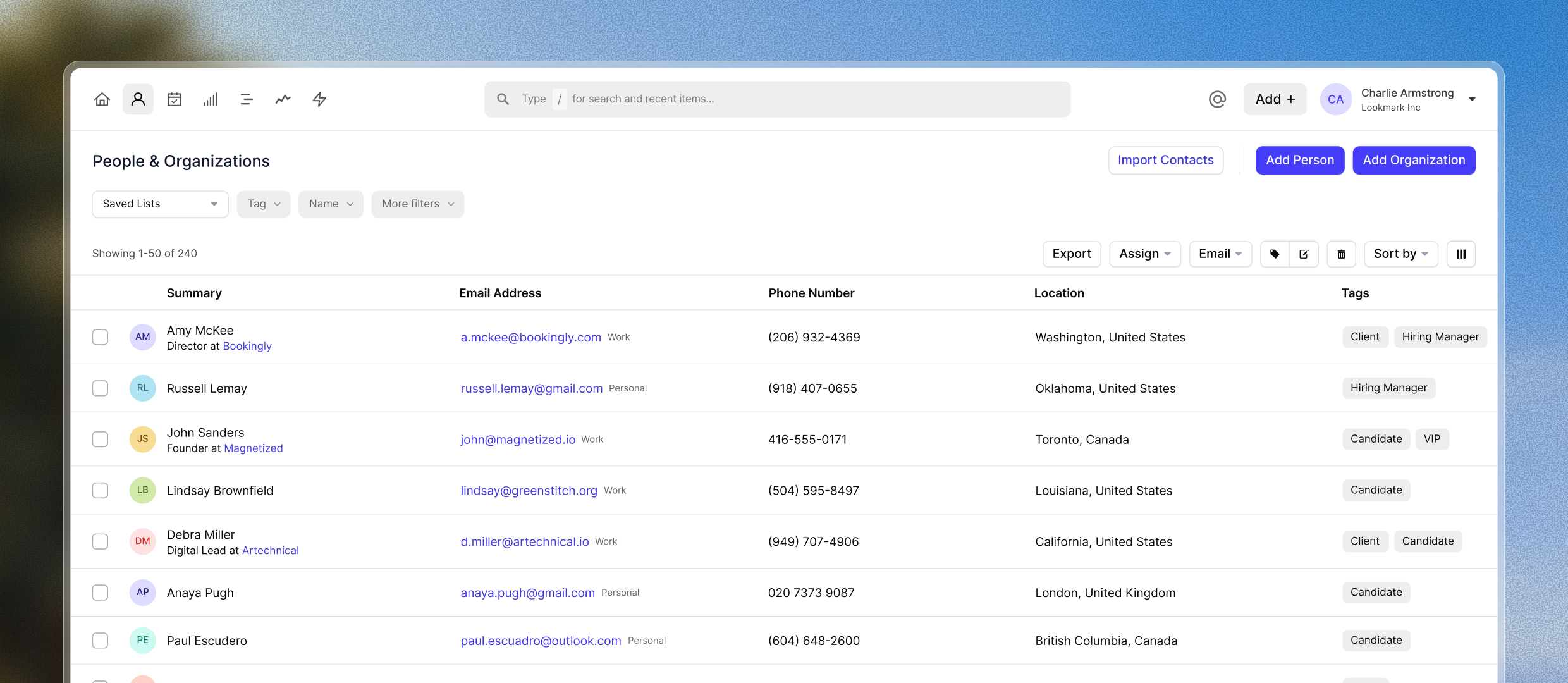 A user interface displaying a 'People & Organizations' contact list with names, emails, phone numbers, locations, and tags, along with 'Add Person' and 'Add Organization' buttons.