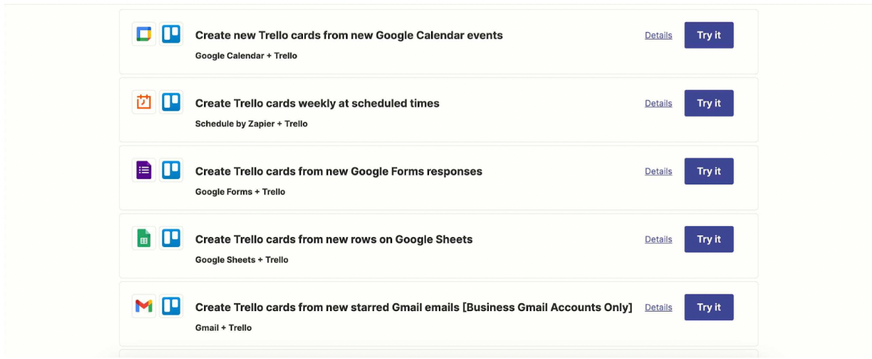 List of apps to connect with Trello using Zapier's templates