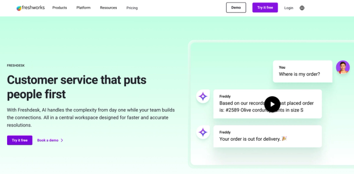 Freshdesk website with a headline "Customer service that puts people first" and a chat window showing an AI assistant providing an order status.