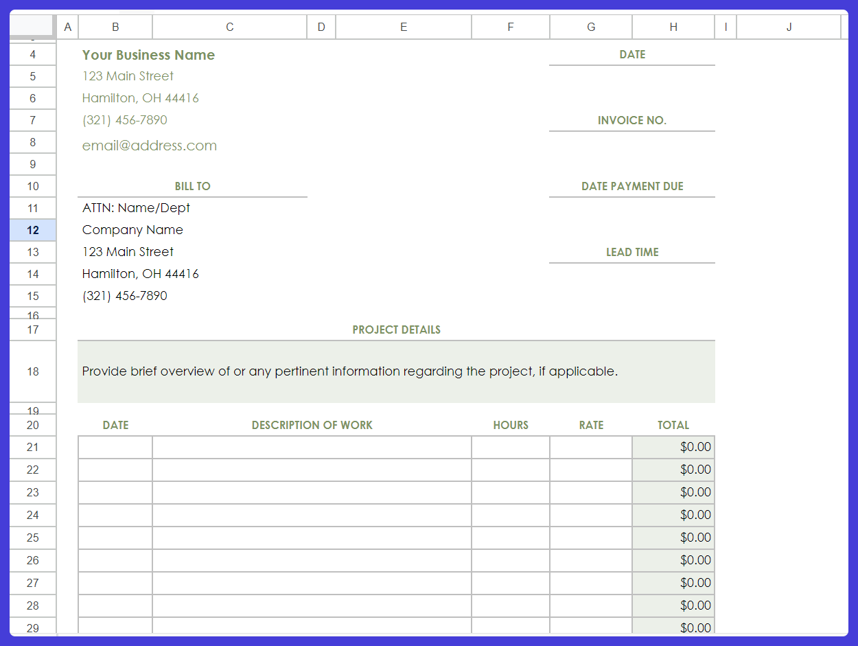 a spreadsheet is open to a page that says your business name