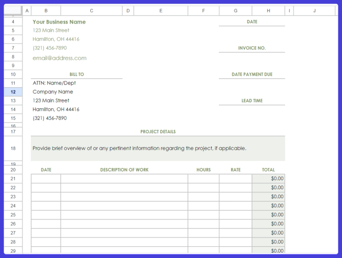 a spreadsheet is open to a page that says your business name