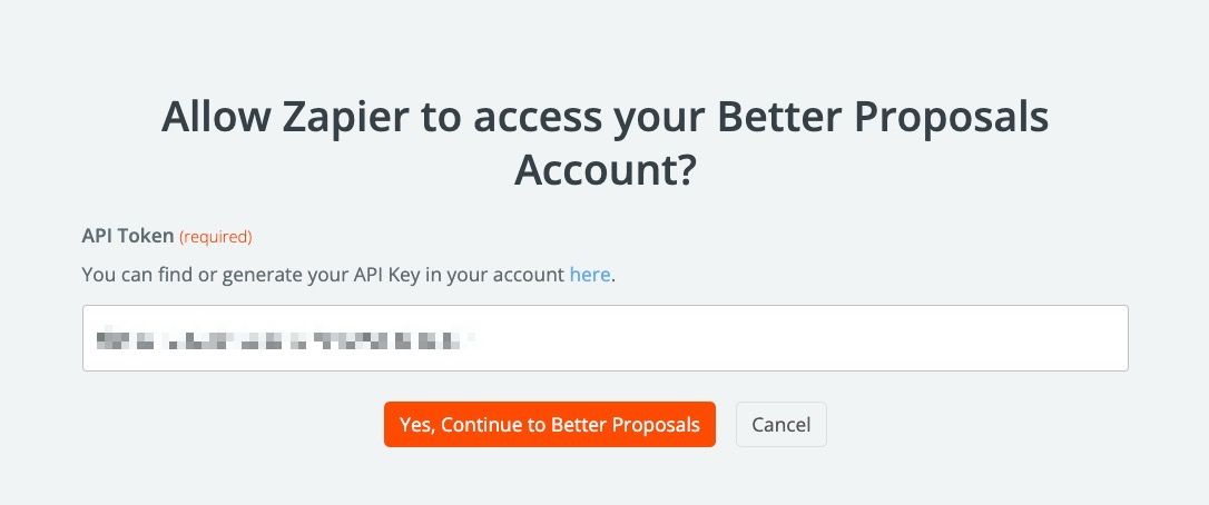 página para vincular Zapier con Better Proposals usando la clave de API