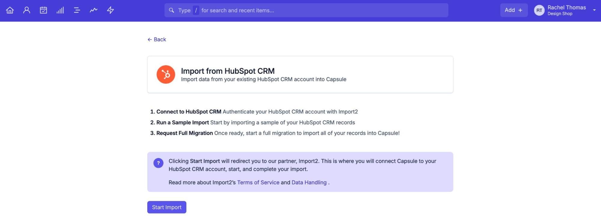 mostrando HubSpot seleccionado en Capsule como CRM de origen
