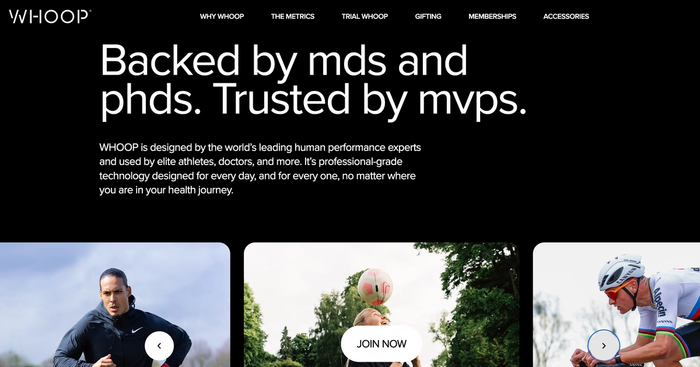 a website for whoop shows a woman running and a man riding a bike