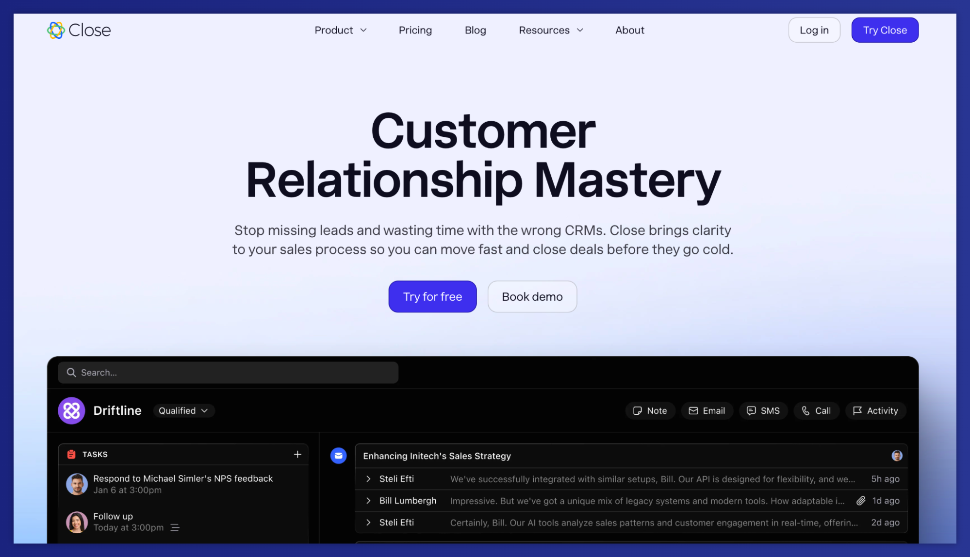 Close CRM website displaying "Customer Relationship Mastery" headline and a sales dashboard with tasks and messages.