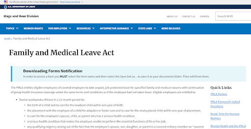 U.S. Department of Labor Family and Medical Leave Act webpage.