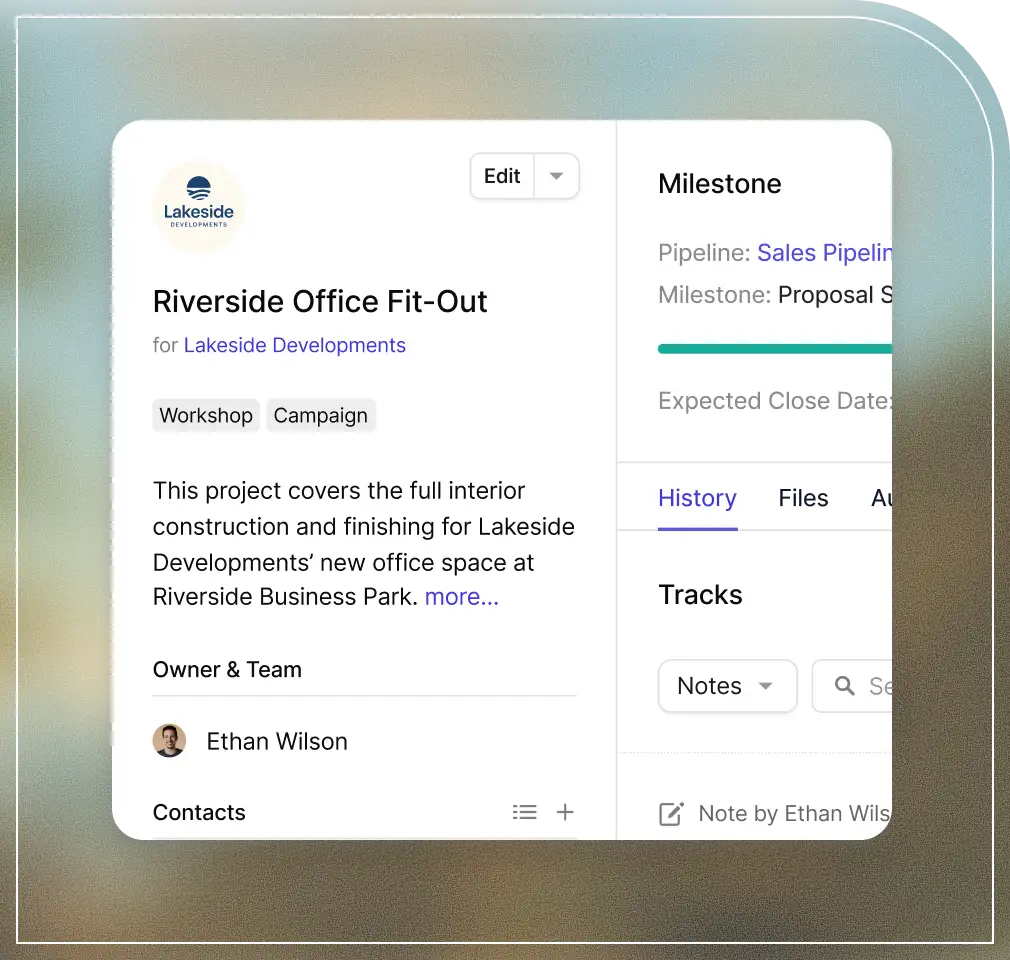A project details card within a software interface, displaying information for "Riverside Office Fit-Out" including project summary, team, and sales pipeline milestone.