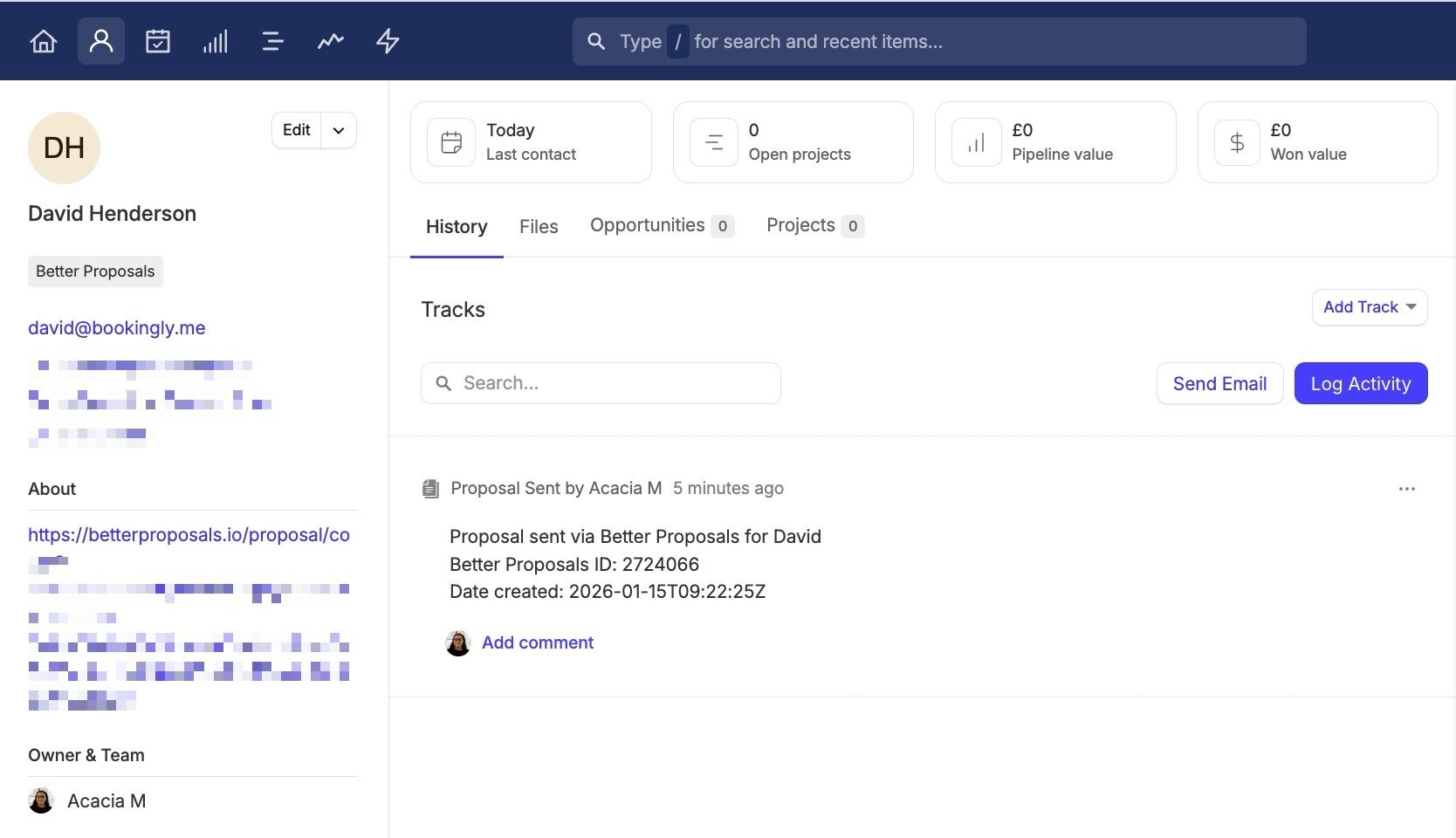 actividad añadida al contacto de Capsule a través de Zapier con los detalles de Go Proposal