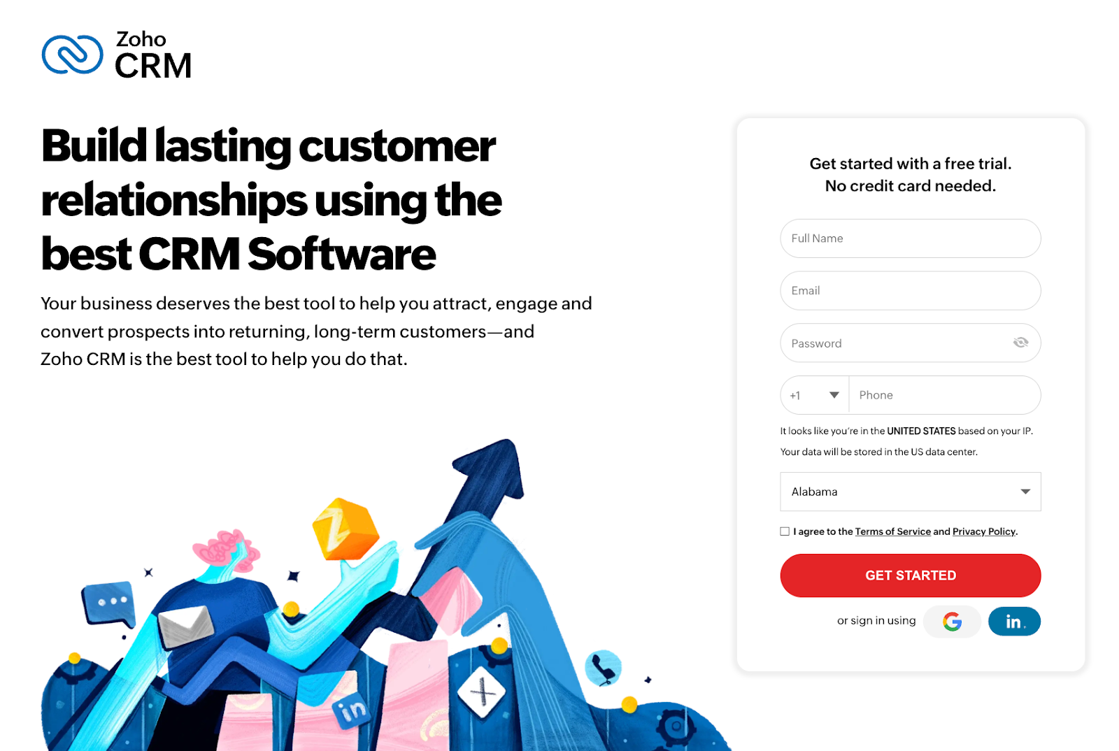 Zoho CRM landing page with "Build lasting customer relationships" headline, a free trial sign-up form, and abstract business growth graphics.