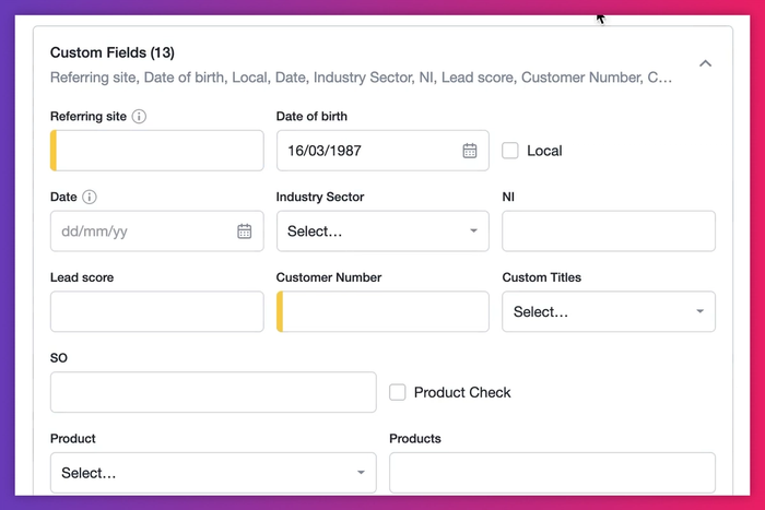 Editable form with 13 custom fields including date of birth, industry sector, lead score, customer number, and product selection options.