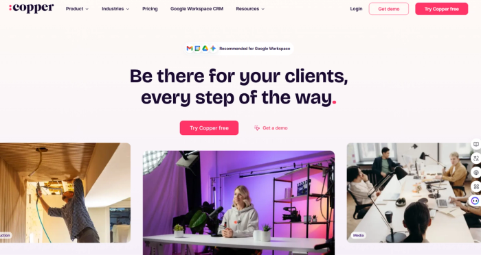 Copper CRM website homepage showing the headline "Be there for your clients, every step of the way," a "Try Copper free" button, and images of people working in various settings.