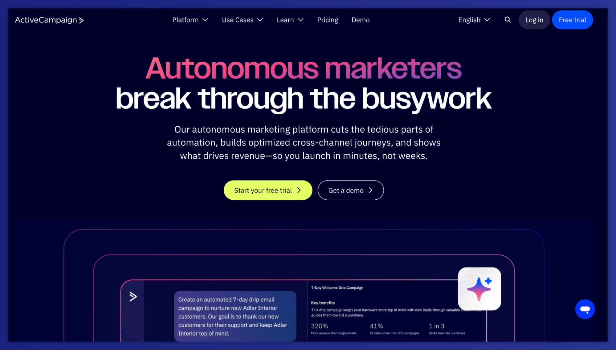 ActiveCampaign website with headline "Autonomous marketers break through the busywork," buttons for a free trial and demo, and a layered display of marketing campaign data.