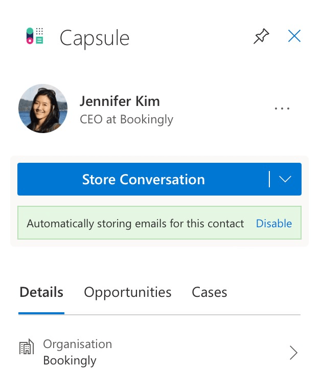 View of the Capsule Add-in for Outlook showing that auto-storing is enabled for the contact that the email is for.