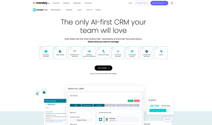 monday sales CRM interface with the headline "The only AI-first CRM your team will love," showing various business categories, deal stages, and sales goals.