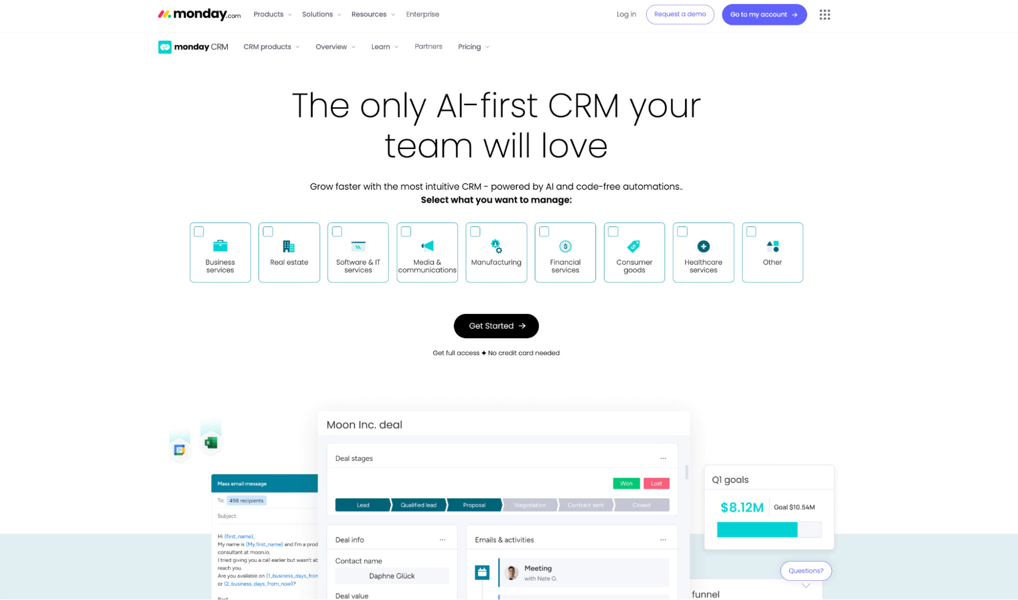 monday.com CRM page highlighting its AI-first features, with industry options and a dashboard showing deal details and sales goals.