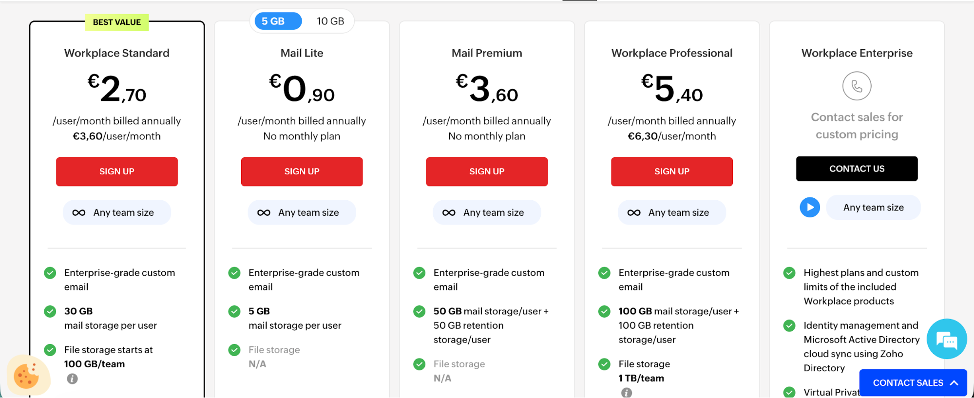 Pricing table for workplace and mail services, showing five plans with varying prices and features, including a 'best value' option.